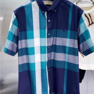 Burberry Men's Blue and White Plaid Shirt Size L